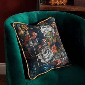 Moody Botanical Floral Velvet Accent Pillow Gold Rope Trim Dark Cottage Decor